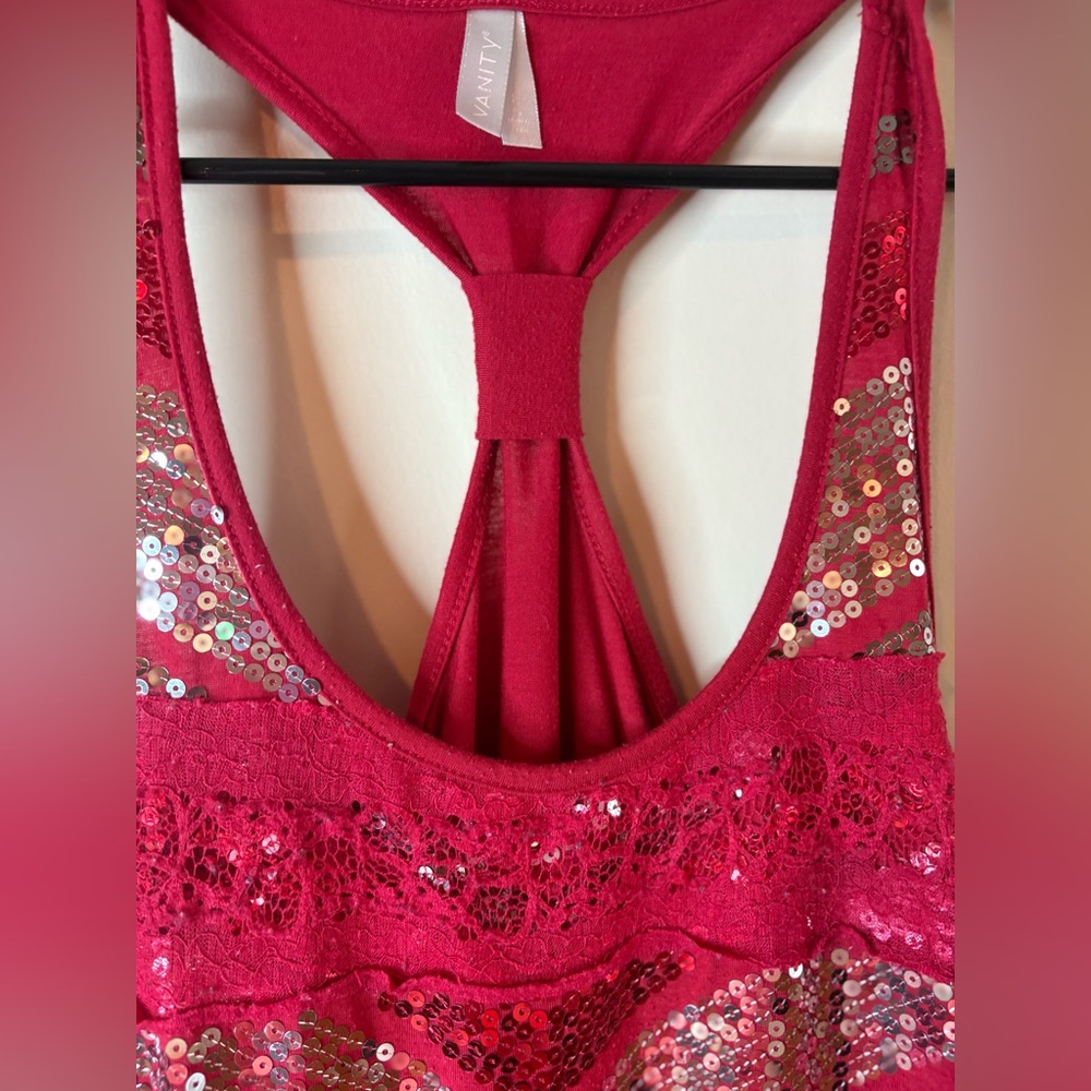 Vanity Red Lace & Silver Sequin Racerback Tank - Picture 2 of 7